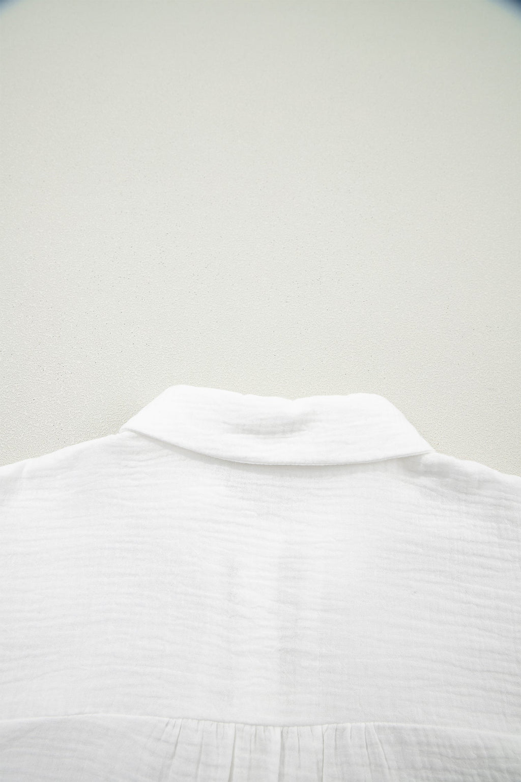 White Lace Trim Cuffed Short Sleeve Textured Shirt
