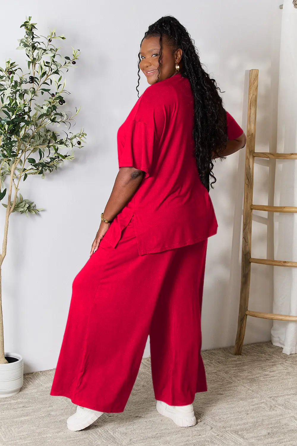 I am a Fashion Junky Full Size Round Neck Slit Top and Pants Set