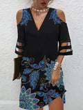 Half Sleeves Loose Flower Print Hollow Mesh Split-Joint Cold Shoulder Mini Dresses