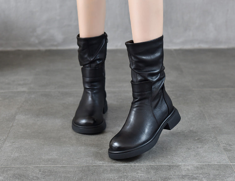 Women's Round Toe Genuine Leather Mid-Calf Boots | Chunky Heel Side Zipper