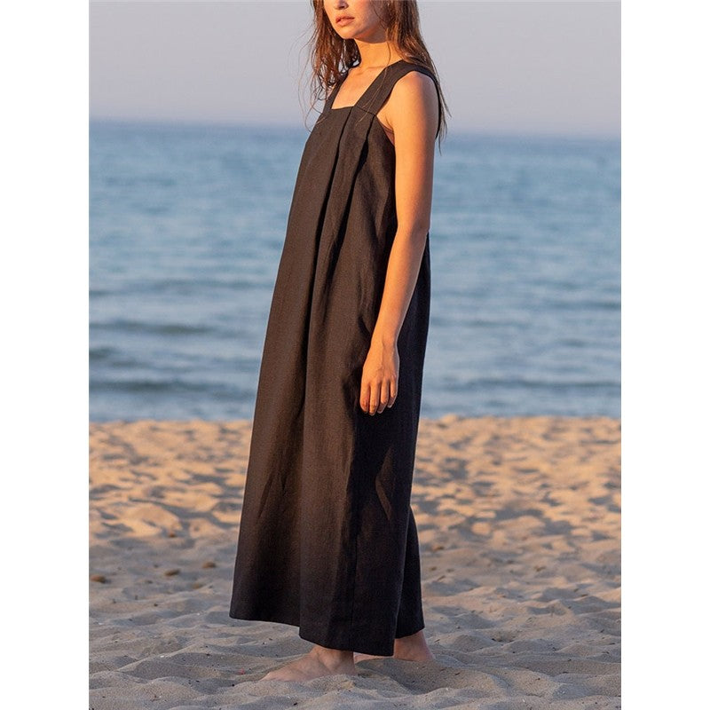 Linen Sleeveless Loose Mandarin-Collar Maxi Dress