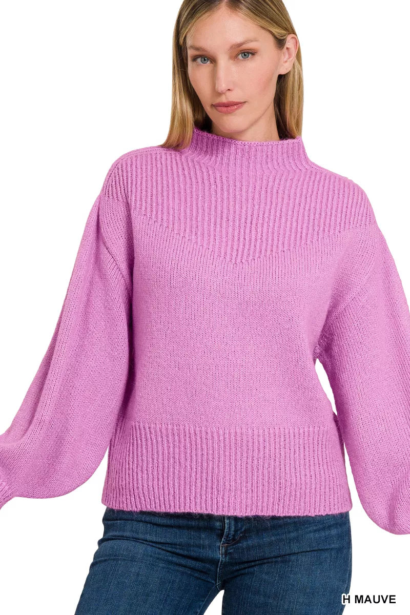 Balloon Sleeve Mock Neck Sweater