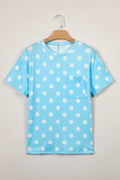 Sky Blue Polka Dot Round Neck Drop Shoulder Patch Pocket Jacquard Texture Top
