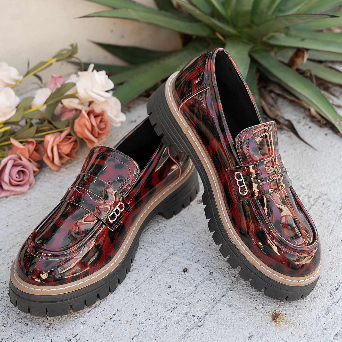 Women's Leopard Print Loafers - Chunky Heel Patent Leather Slip-On Shoes