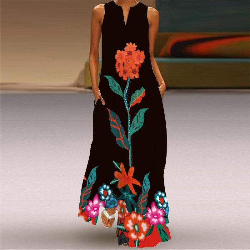 Sleeveless V-Neck Floral Print Casual Dress