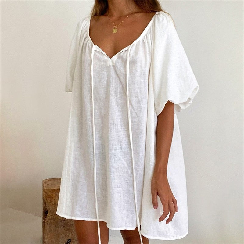 Relaxed Fit Bubble Sleeve Nightgown with Front Tie