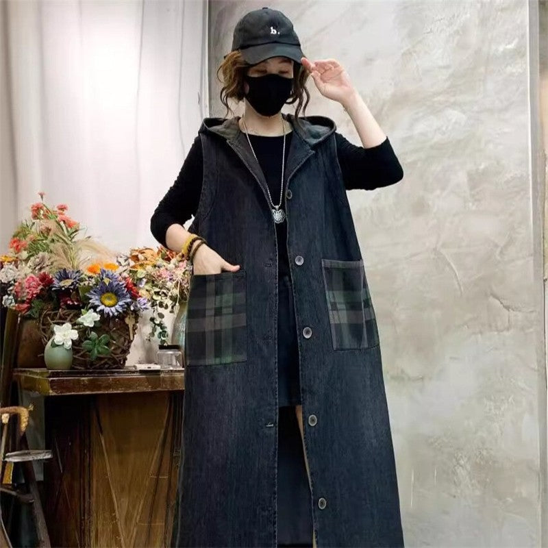 Vintage Hooded Patchwork Plaid Long Denim Vest