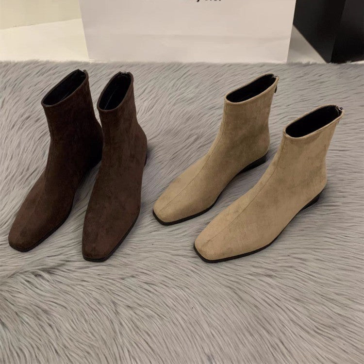 Women's Chunky Heel Suede Fleece-Lined Square Toe Ankle Boots – Back Zipper Winter Boots