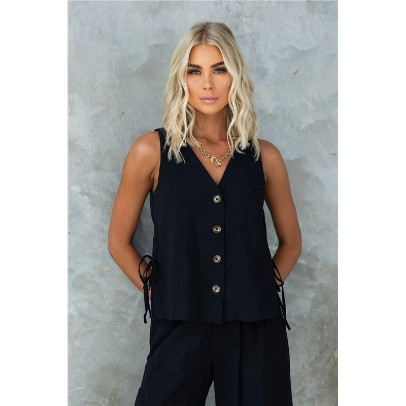 Single Breasted Sleeveless Vest and Trousers Set in Solid Color