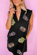Black Sequin Patched V Neck Collared Mini Dress