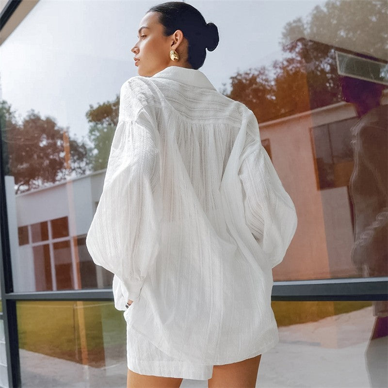 Breathable Cotton Long Sleeve Pajama Set with Shorts