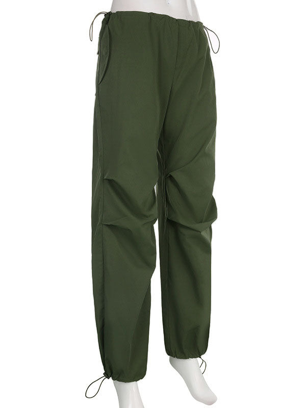 High Waisted Loose Drawstring Pleated Solid Color Pants Trousers