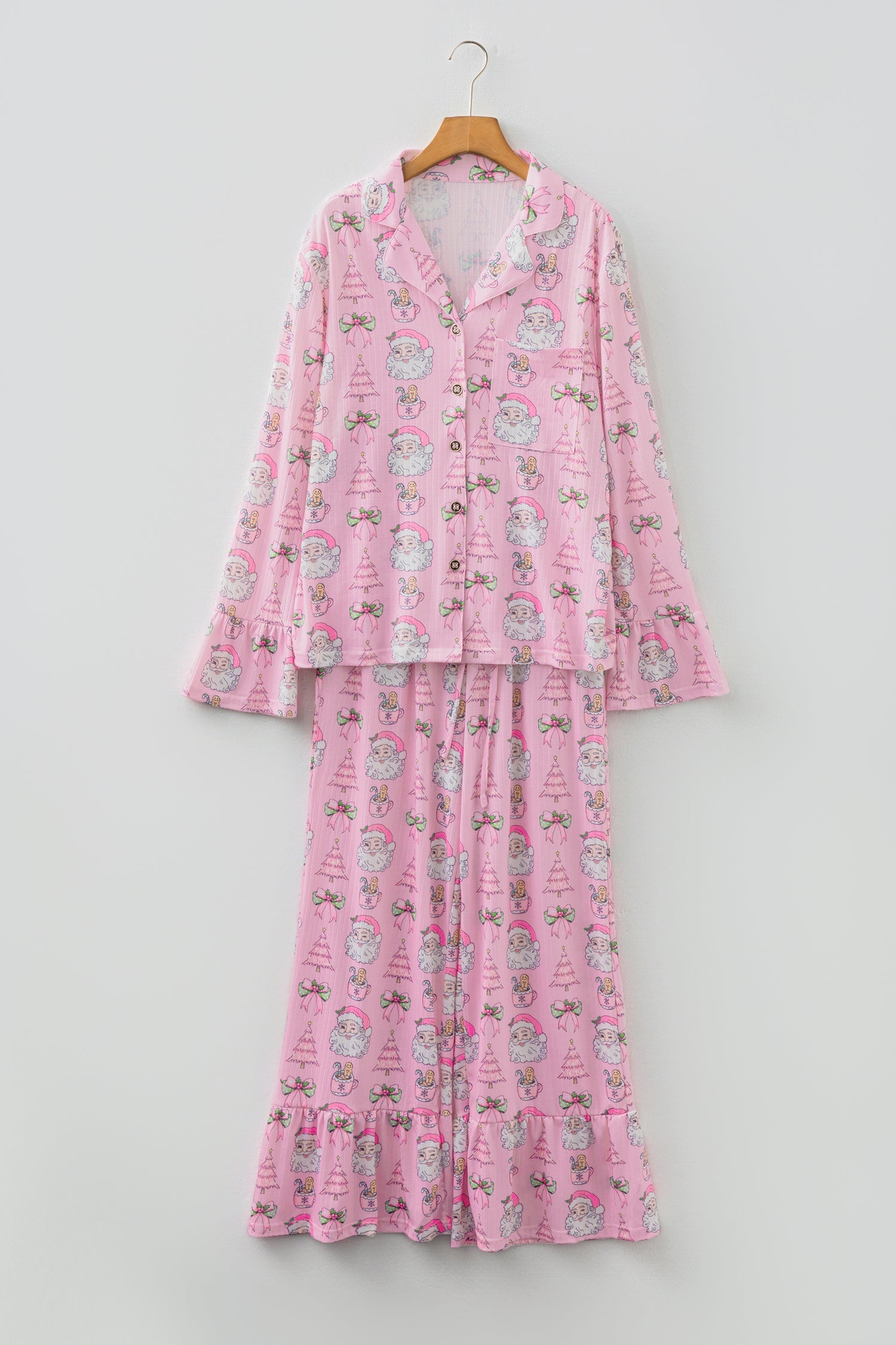 Pink Christmas Print Ruffled Ribbed Shirt & Pants 2 Piece PJ Set