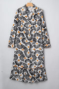 Black Abstract Floral Print Split V Neck Long Dress with Sleeves