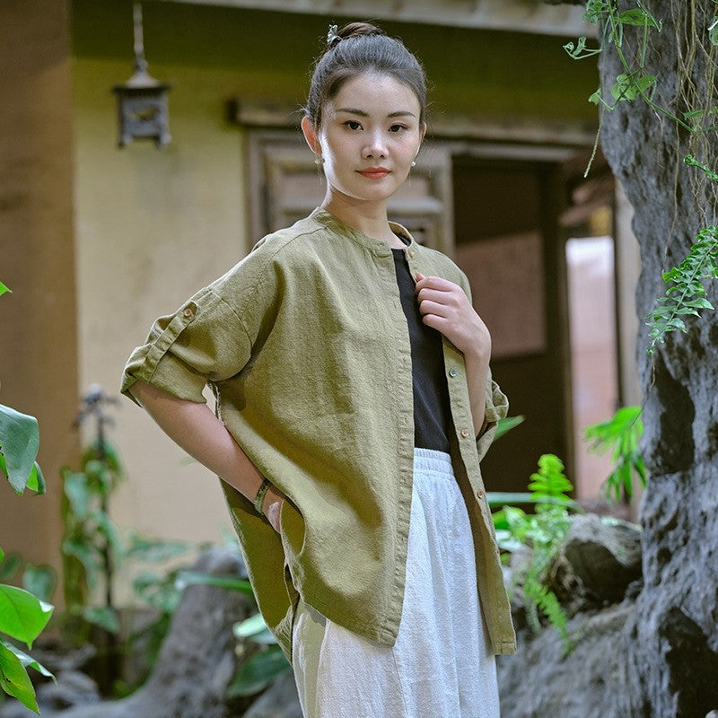 Relaxed Linen Cotton Solid Color Cardigan