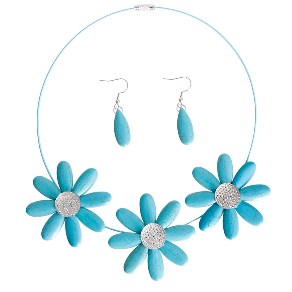 Statement Wire Collar Necklace with Turquoise Triple Flower Design