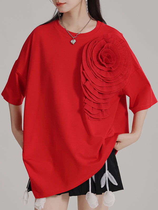 Loose Short Sleeves Asymmetric Solid Color Three-Dimensional Flower Round-Neck T-Shirts Tops