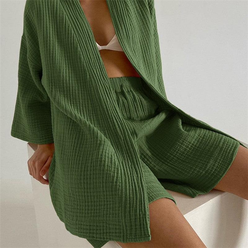 Double Gauze Two-Piece Pajama Set with Five-Quarter Sleeves for Women
