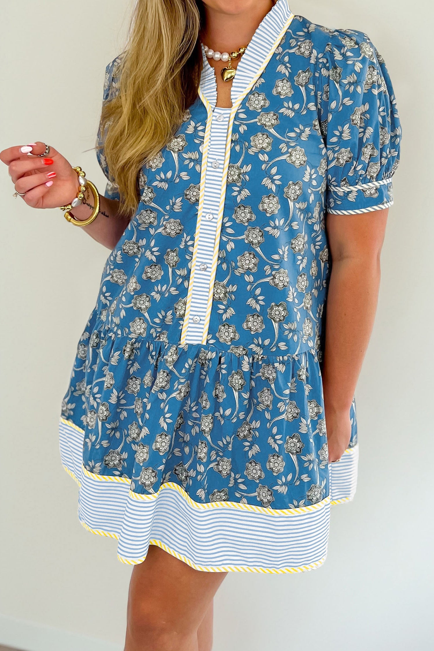 Blue Plus Size Floral Print Striped Patchwork Detail Button Front Ruffle Hem Dress