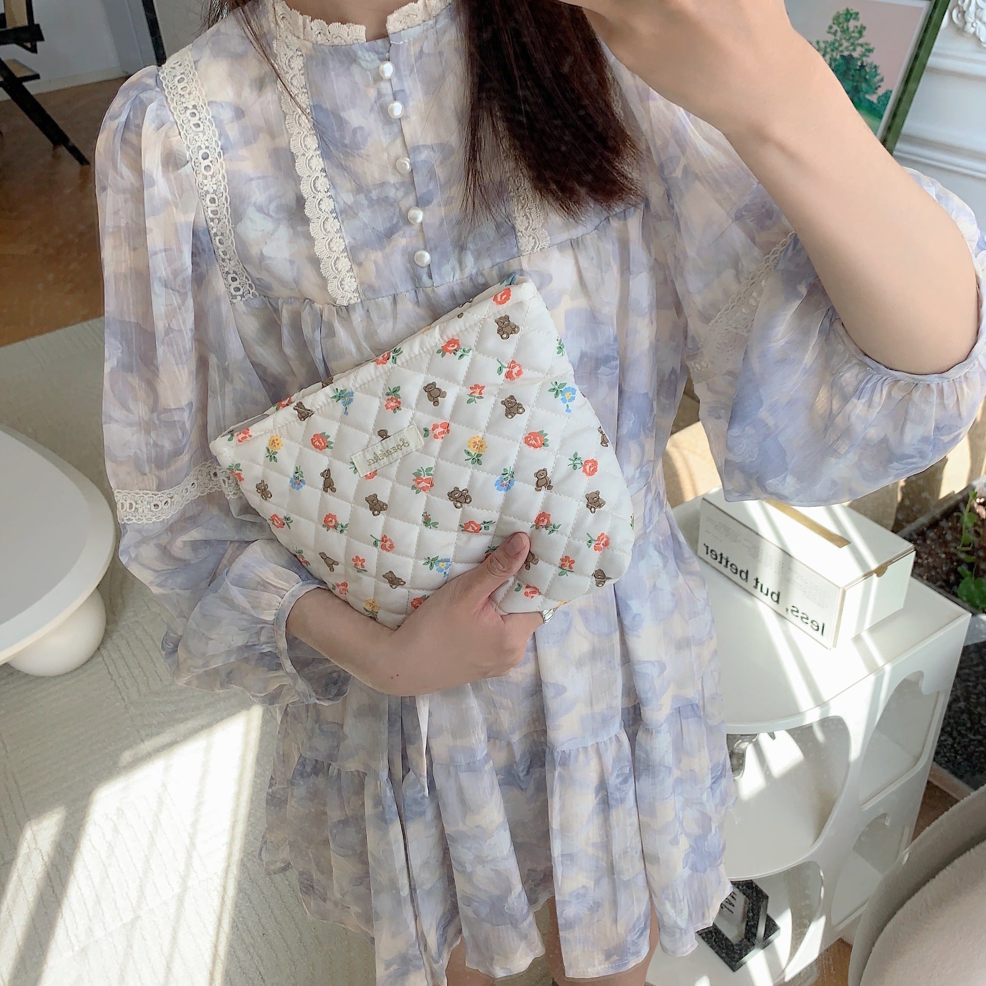 Quilted Floral Little Bear Makeup Bag - Women's Cosmetic Organizer Clutch with Cotton Lining