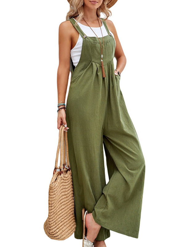 Loose Plus Size Pleated Split-Joint Spaghetti-Neck Overalls