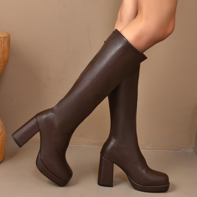 Women's Chunky Heel Stretch Boots – Thick Sole, High Shaft | Brown & Black