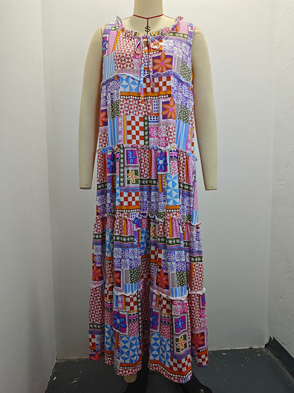 Loose Sleeveless Contrast Color Flower Print Plaid Printed Round-Neck Maxi Dresses
