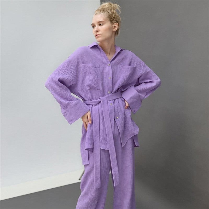 Solid Color Loose Long Sleeve Lapel Buttoned Waist Tied Blouse and Pants Two-Piece Loungewear Set