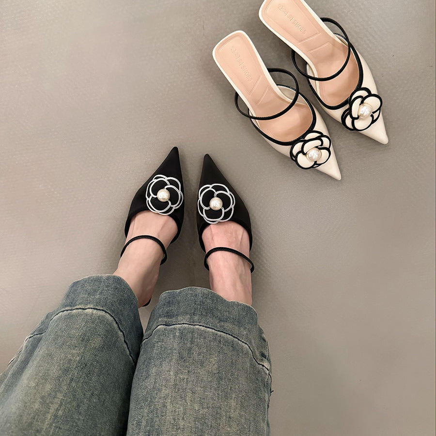 Chanel-Style Pointed Toe High Heel Mules for Women - Elegant French Office Heels
