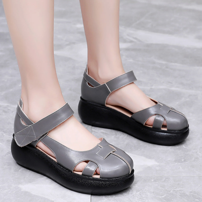 Women's Genuine Leather Closed-Toe Roman Sandals – Velcro Strap Flat Sandals