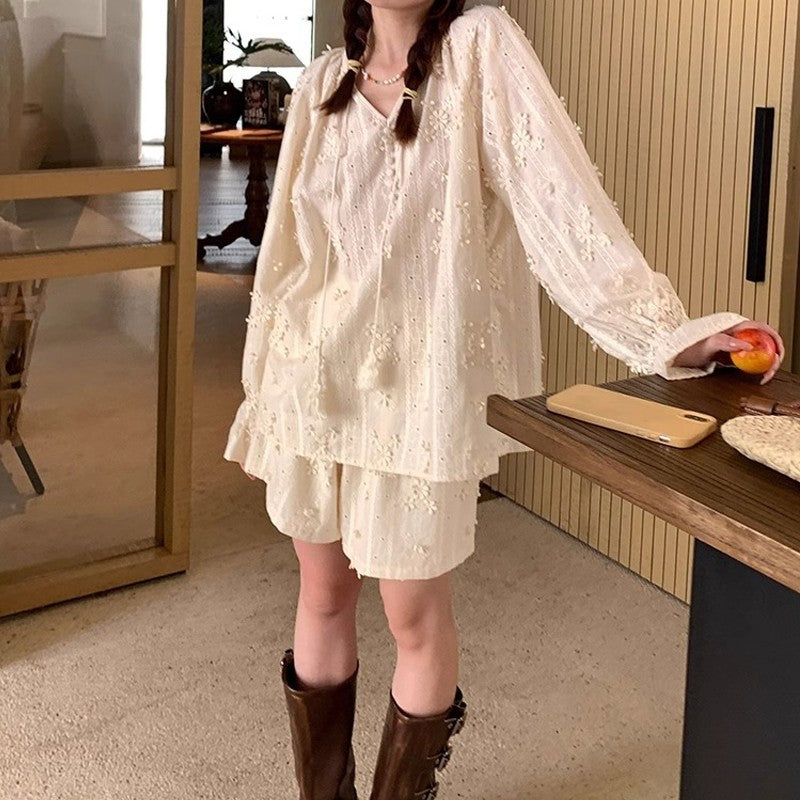 Solid V-Neck Long Sleeve Hollow Retro Blouse