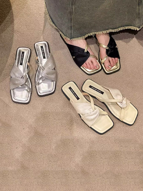 Pleated Split-Joint Square-Toe Sandals Slippers