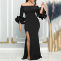 One-Shoulder Solid Color Evening Dress with Slit and Ruffle Sleeve
