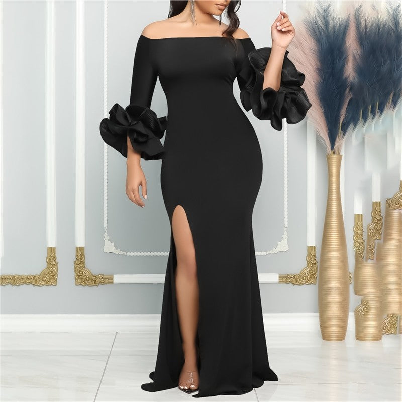 One-Shoulder Solid Color Evening Dress with Slit and Ruffle Sleeve