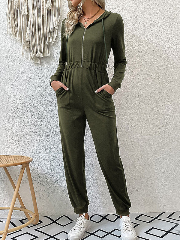 Skinny Elasticity Split-Joint Zipper Hooded Jumpsuits