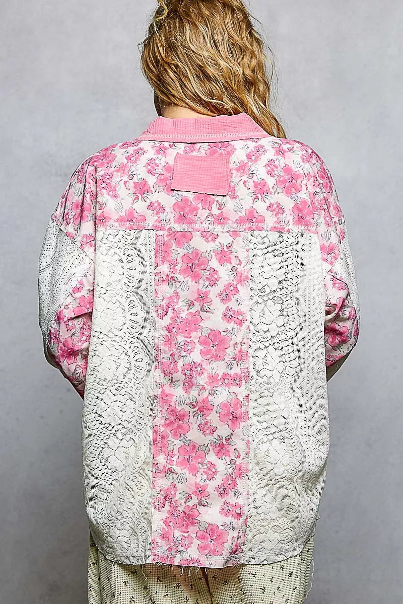 Floral Print Long Sleeve Lace Shirt with Front Pocket