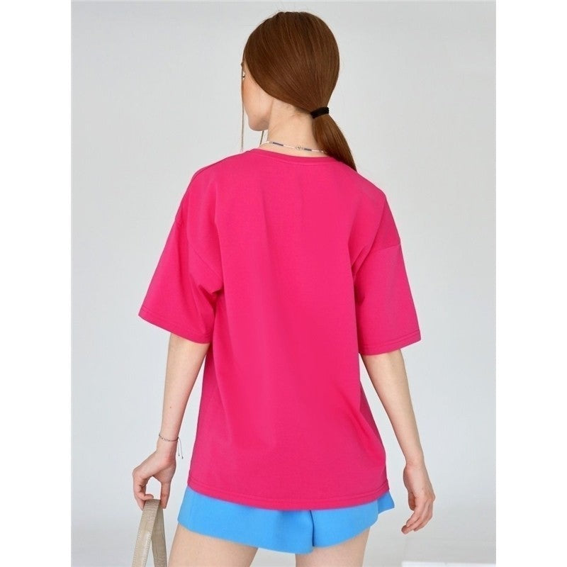 Casual Loose Solid Color Cotton Crewneck T-Shirt