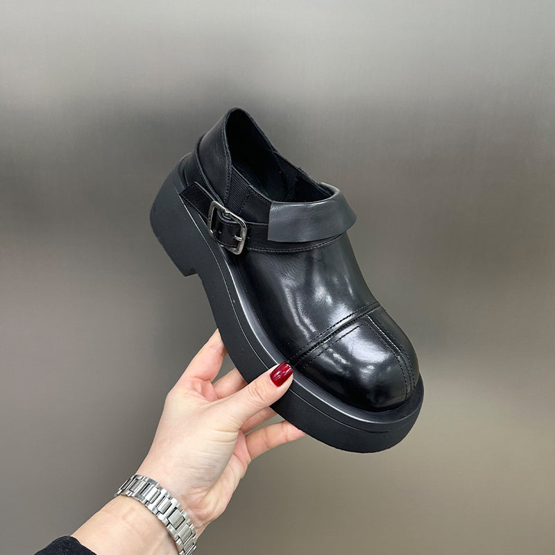 Women's British-Style Chunky Heel Pumps - Round Toe Buckle Closure Casual Shoes