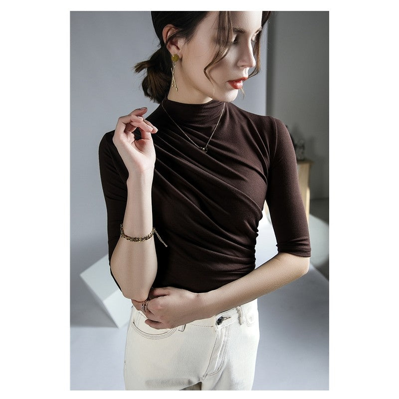 Solid Color Half Turtleneck Half Sleeve Pleats Tshirts