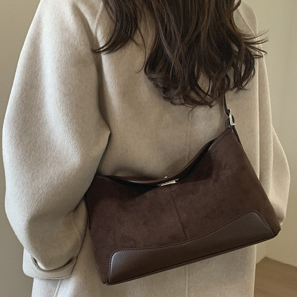 Women's Suede Bucket Crossbody Bag – Lock-Clasp Shoulder Bag with Double Straps