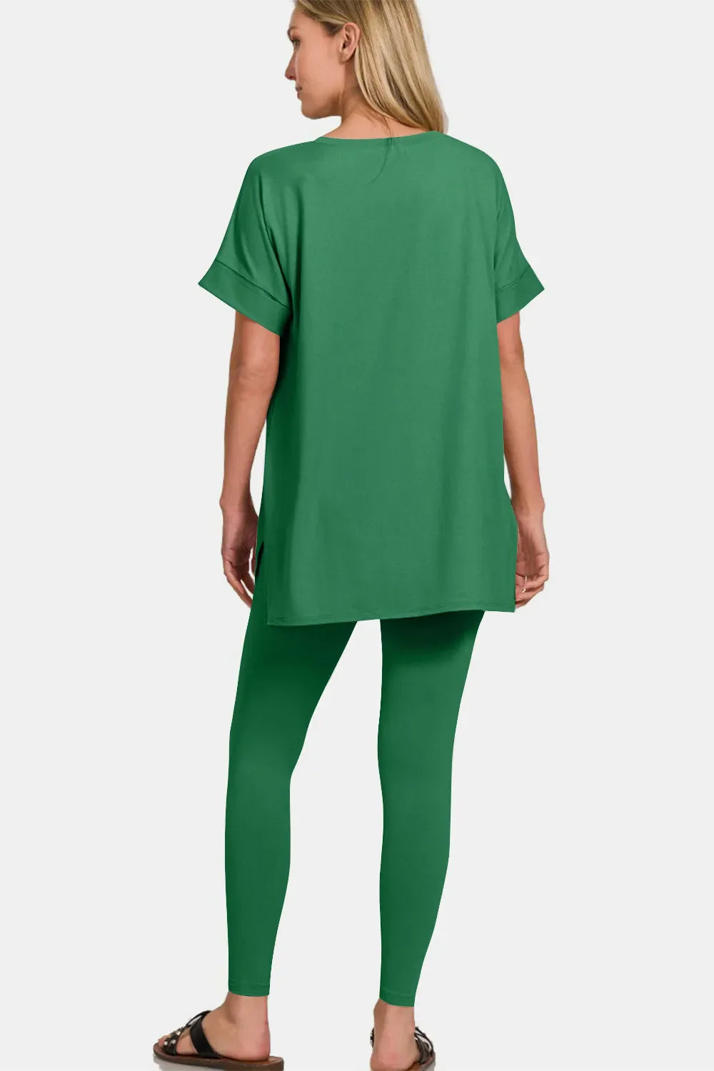 Full Size V-Neck Rolled Short Sleeve T-Shirt and Leggings Lounge Set