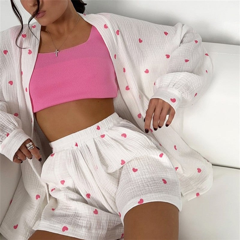 Heart Print Long Sleeve Tie-Waist Blouse and Shorts Set - Loungewear Suit