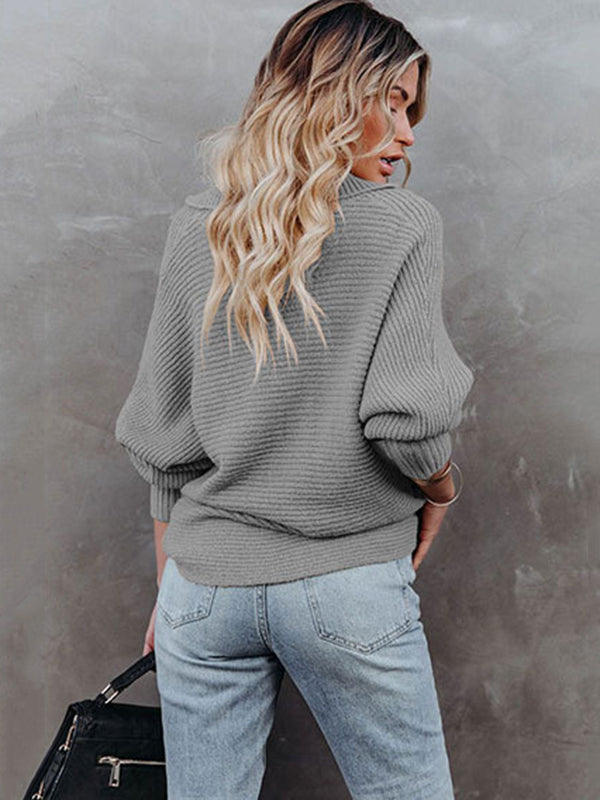 Long Sleeves Solid Color Lapel V-Neck Sweater Tops