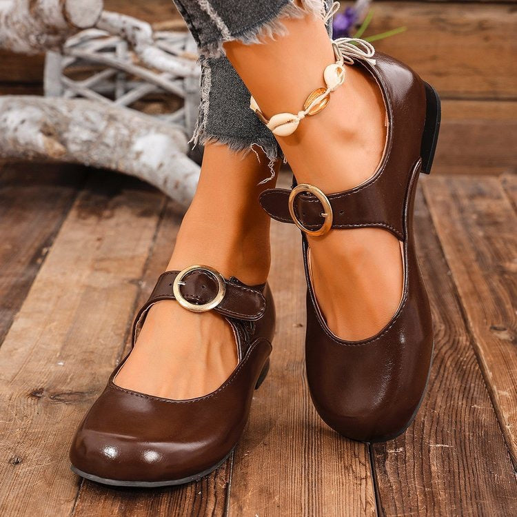 Women's Patent Leather Low Heel Pumps - Classic Round Toe Slip-On Shoes