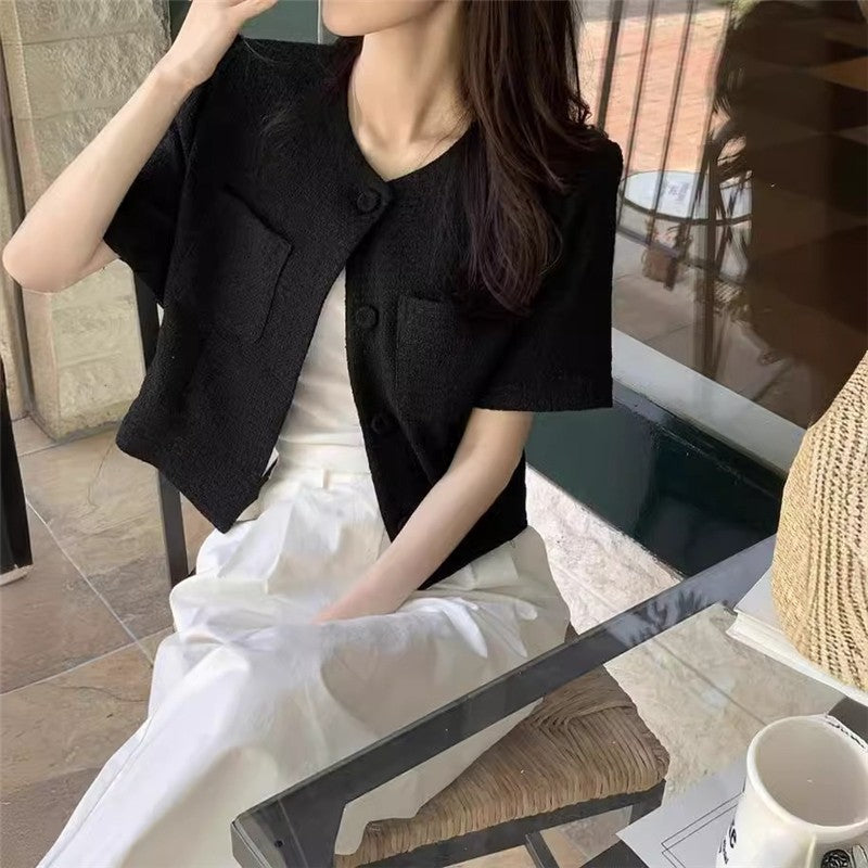 Solid Grid Short Sleeve Cardigan