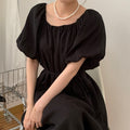 Solid Color Bubble Sleeve One-Shoulder Strap Pleated Dress