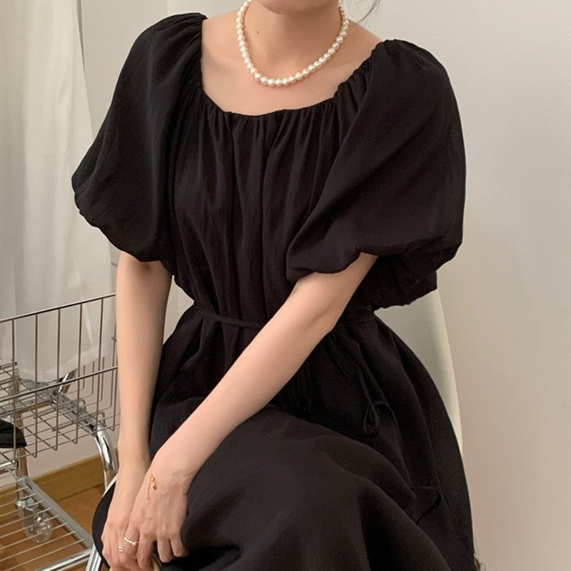 Solid Color Bubble Sleeve One-Shoulder Strap Pleated Dress
