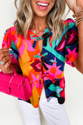 Red Abstract Floral Print Front Tied Puff Sleeve Babydoll Blouse