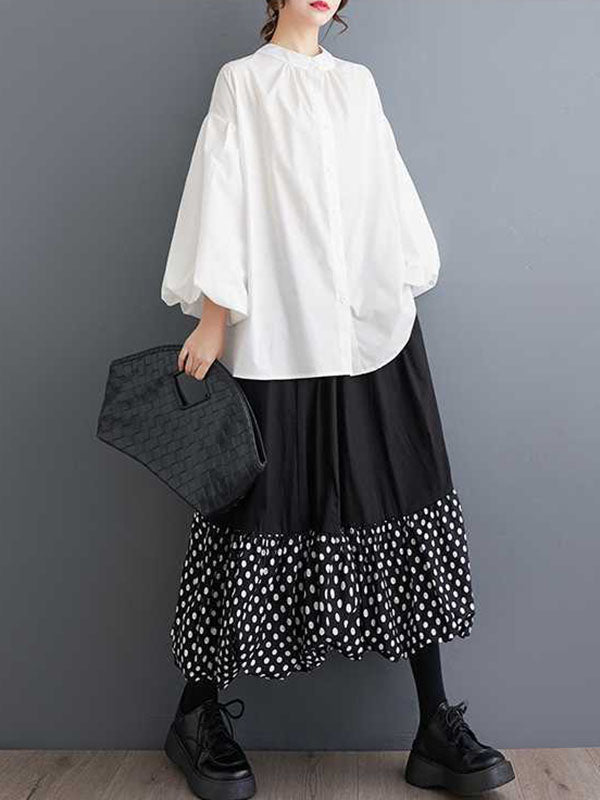 Loose Nine-Minute Sleeve Buttoned Hollow Pleated Solid Color Round-Neck Blouses&Shirts Tops