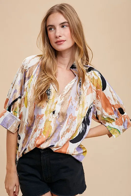 Multi Color Printed V-Neck Open Woven Blouse Top